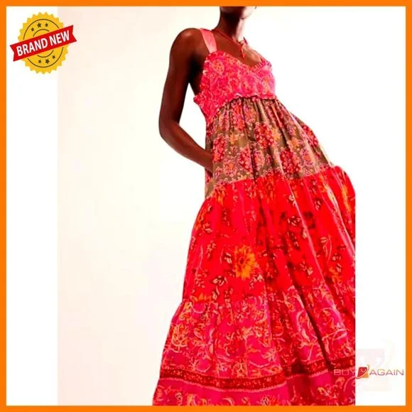 Floral Maxi Dress Boho Smocked Tiered Tiered Shoulder Tie Pockets Vacation - Picture 4 of 7